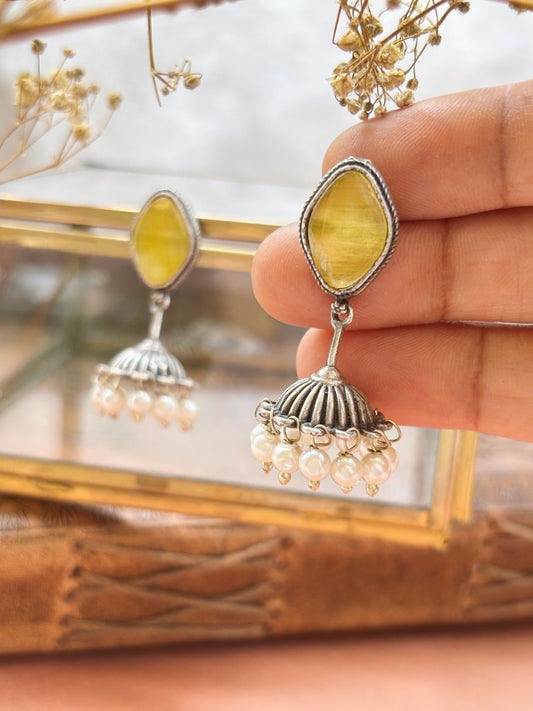 Alpa Yellow Monalisa Stone Small Pearl Jhumki