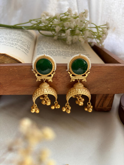 Amber Green Kashmiri Ghungroo Golden Jhumka Earrings