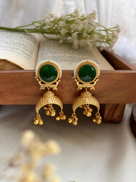Amber Green Kashmiri Ghungroo Golden Jhumka Earrings