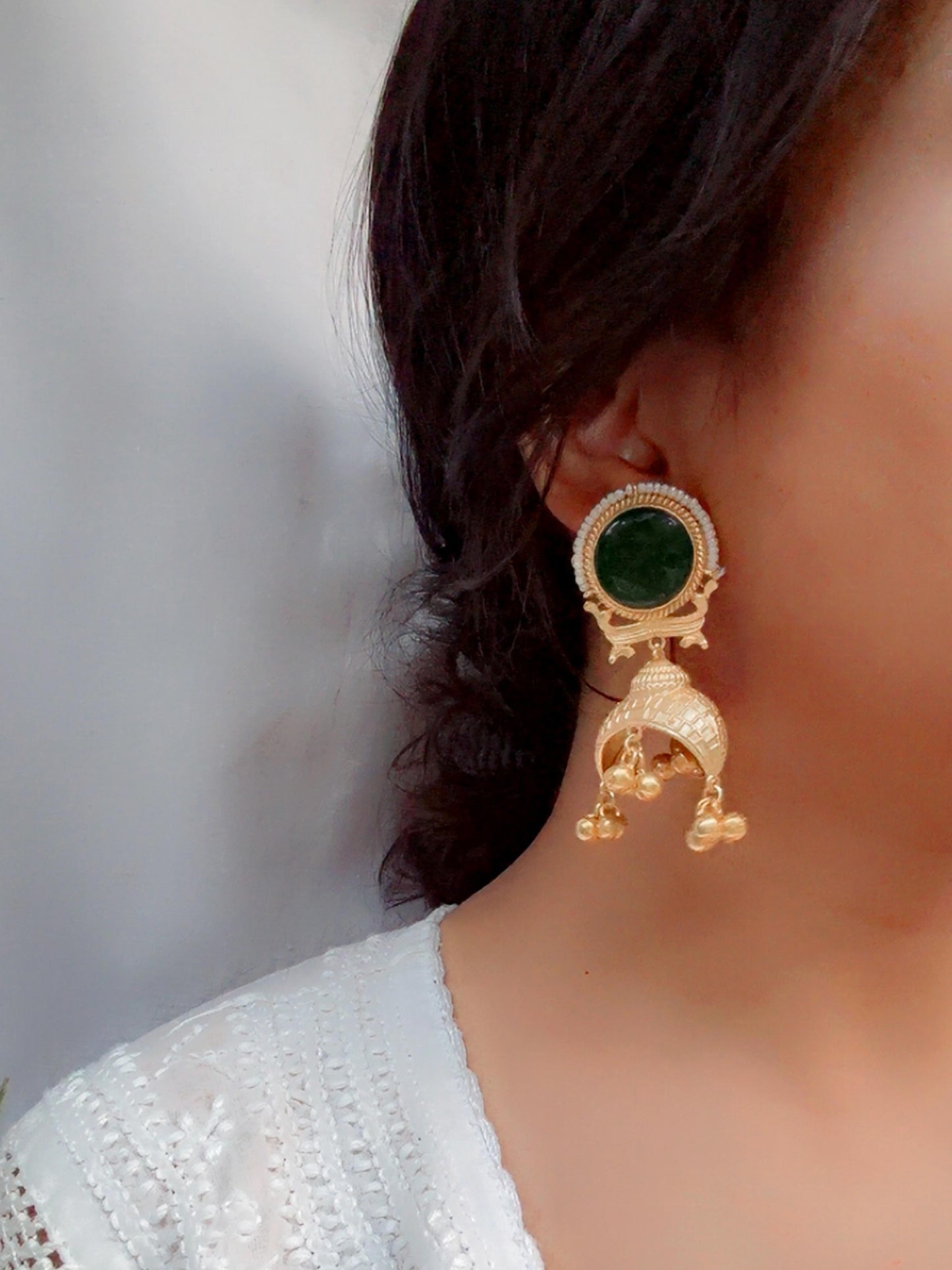 Amber Green Kashmiri Ghungroo Golden Jhumka Earrings
