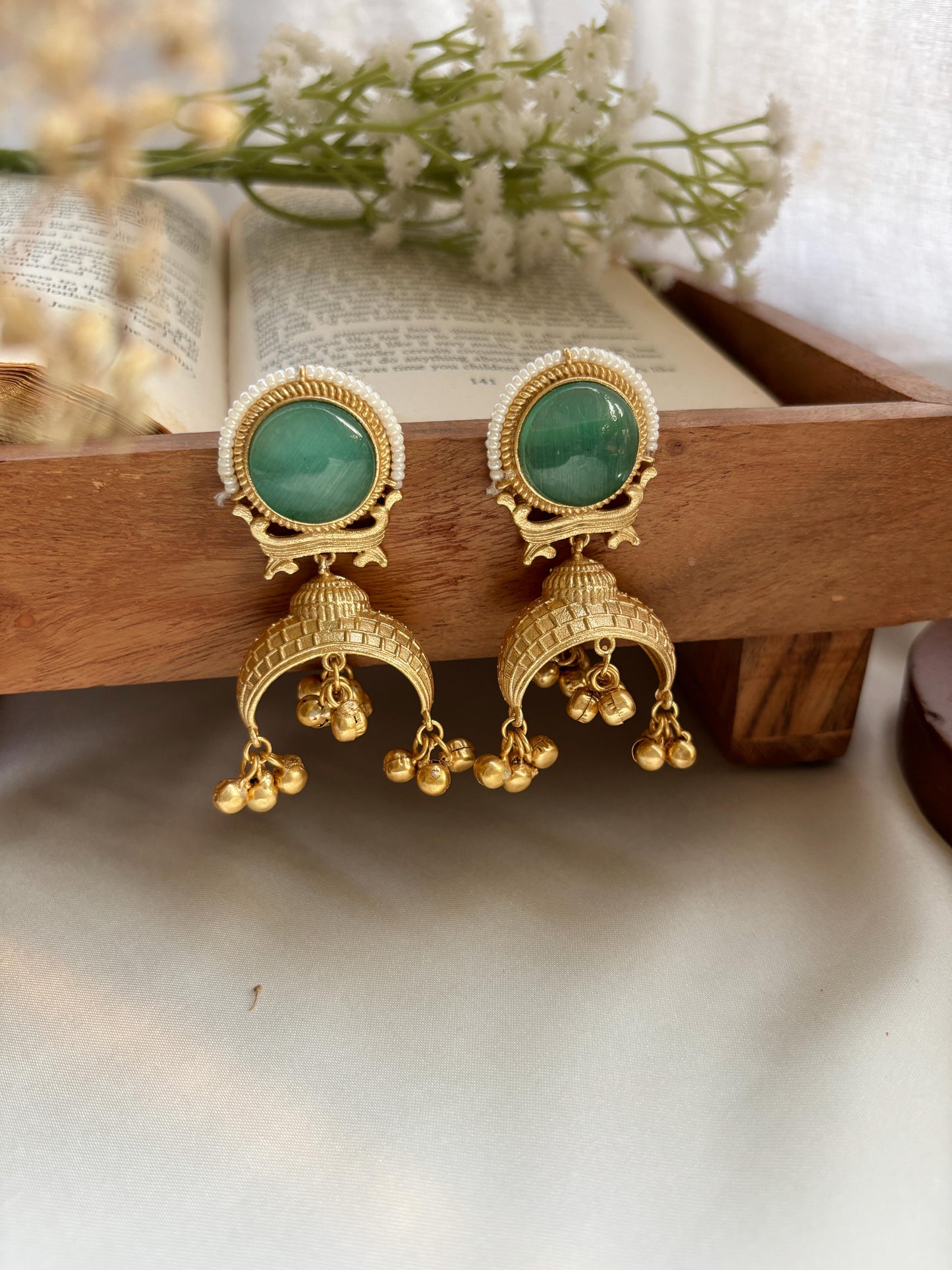 Amber Mint Green Kashmiri Ghungroo Golden Jhumka Earrings