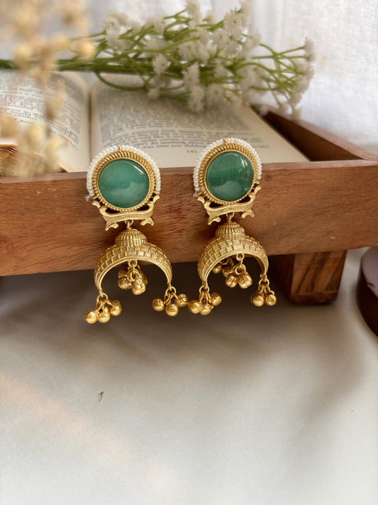 Amber Mint Green Kashmiri Ghungroo Golden Jhumka Earrings