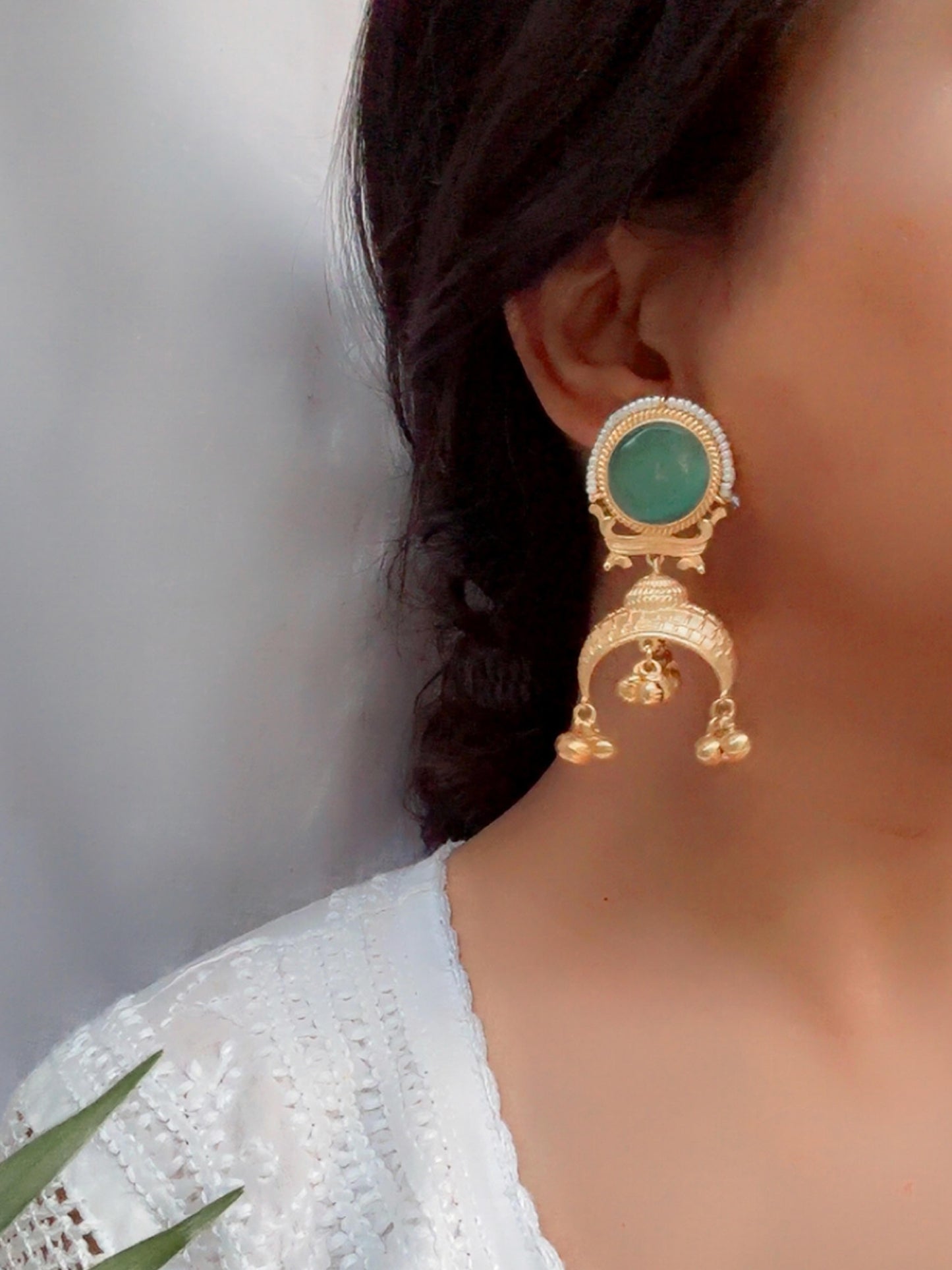 Amber Mint Green Kashmiri Ghungroo Golden Jhumka Earrings