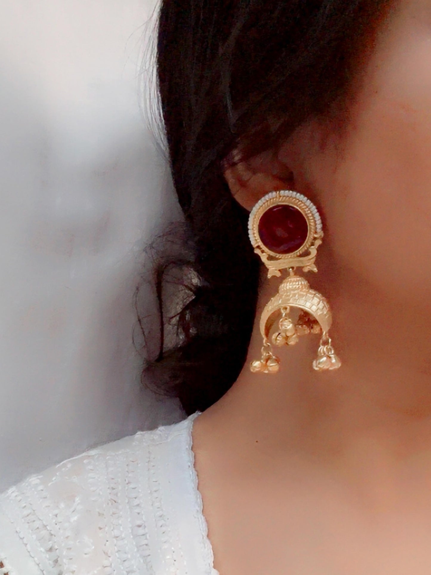 Amber Red Kashmiri Ghungroo Golden Jhumka Earrings