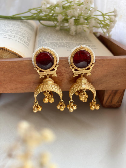 Amber Red Kashmiri Ghungroo Golden Jhumka Earrings