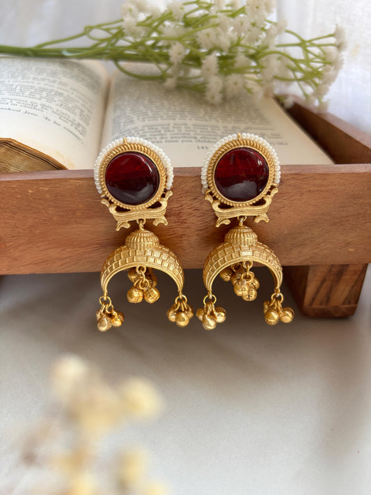 Amber Red Kashmiri Ghungroo Golden Jhumka Earrings