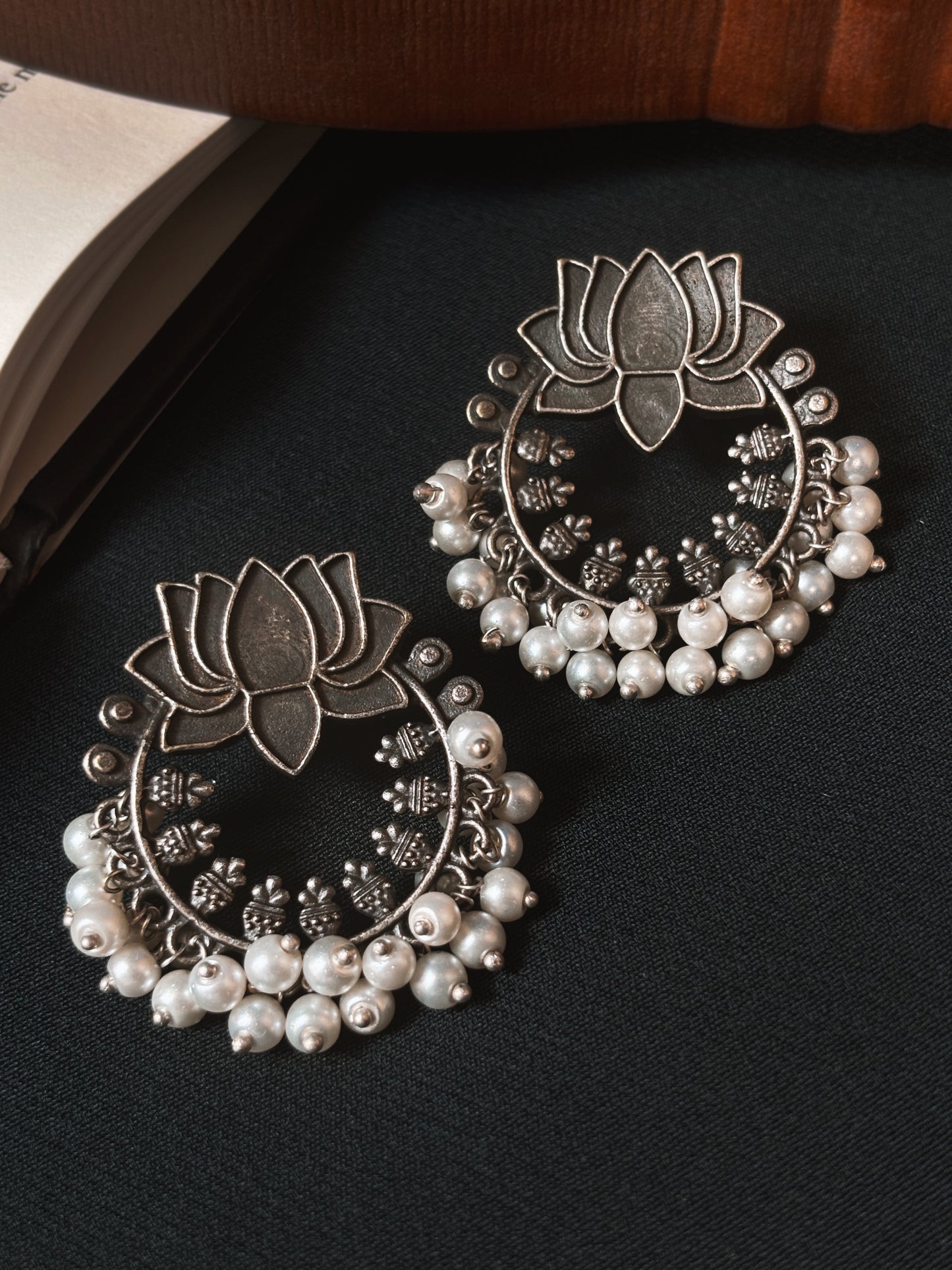 Ambhojini Pearls Studs – Lotus Oxidized Boho Earrings