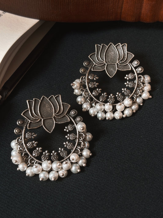 Ambhojini Pearls Studs – Lotus Oxidized Boho Earrings