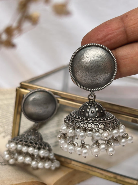 Amoha Double Layer Pearls Jhumki – Oxidized Boho Elegance