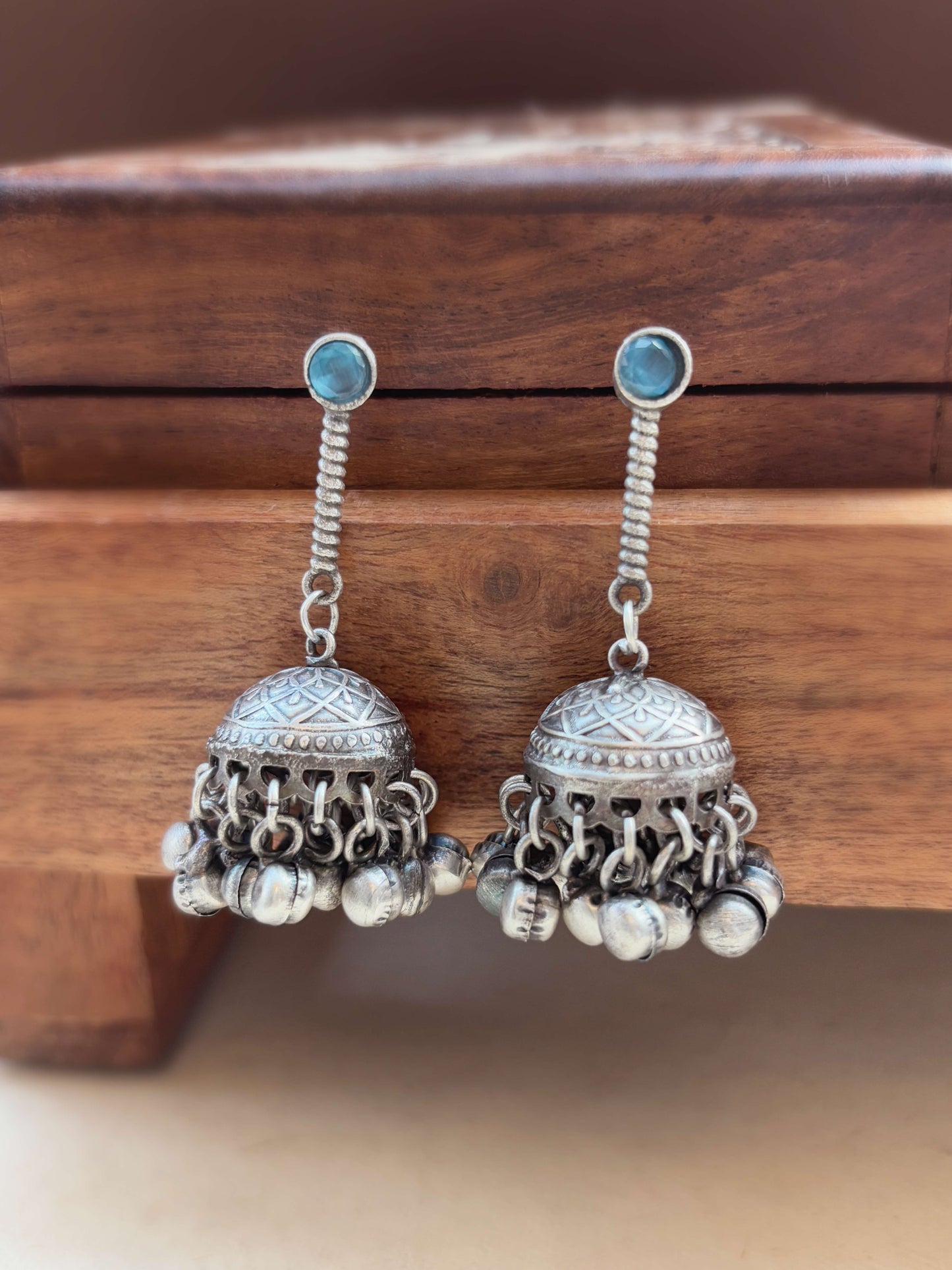 Anika Blue Monalisa Stone Ghungroo Jhumki – Oxidized Boho Silver Earrings