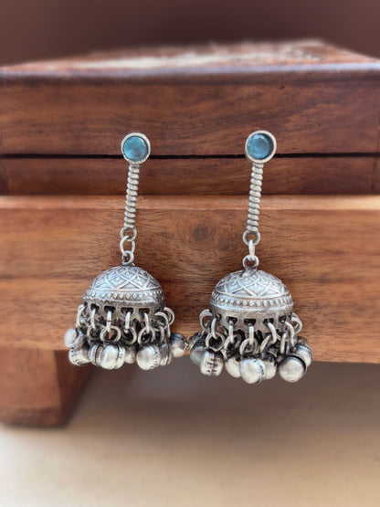 Anika Blue Monalisa Stone Ghungroo Jhumki – Oxidized Boho Silver Earrings