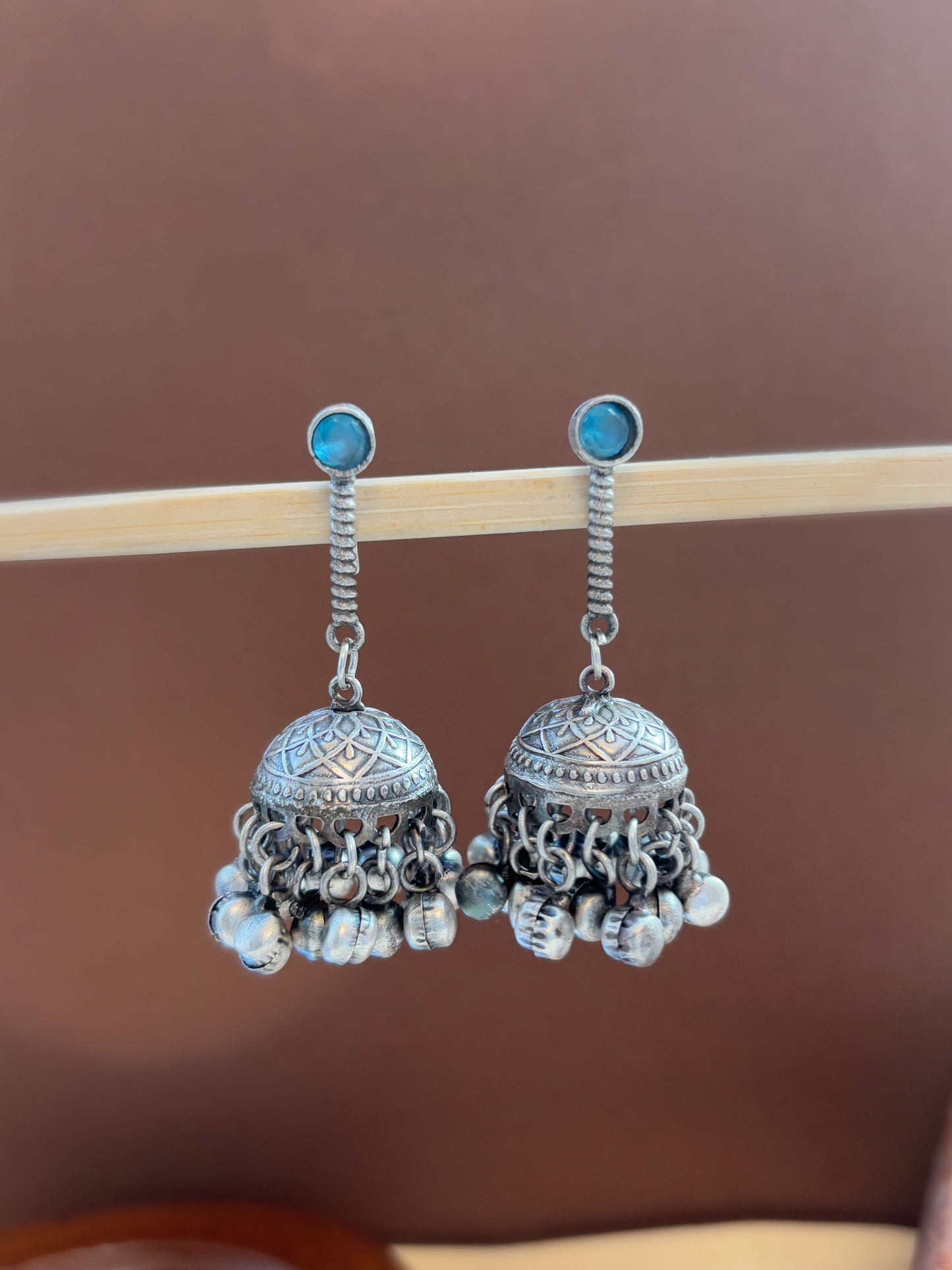 Anika Blue Monalisa Stone Ghungroo Jhumki – Oxidized Boho Silver Earrings