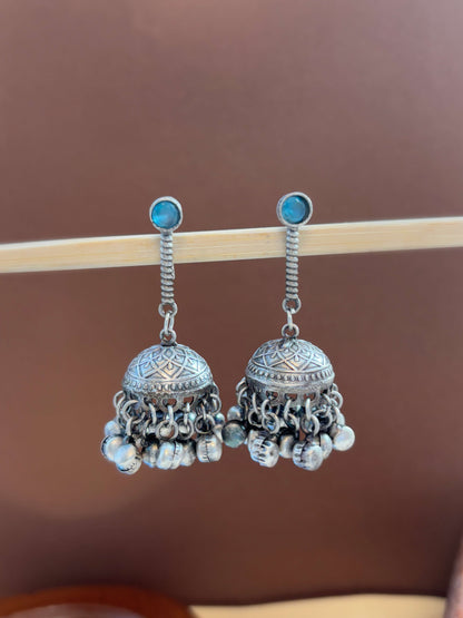 Anika Blue Monalisa Stone Ghungroo Jhumki – Oxidized Boho Silver Earrings