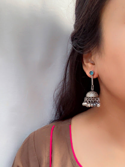 Anika Blue Monalisa Stone Ghungroo Jhumki – Oxidized Boho Silver Earrings