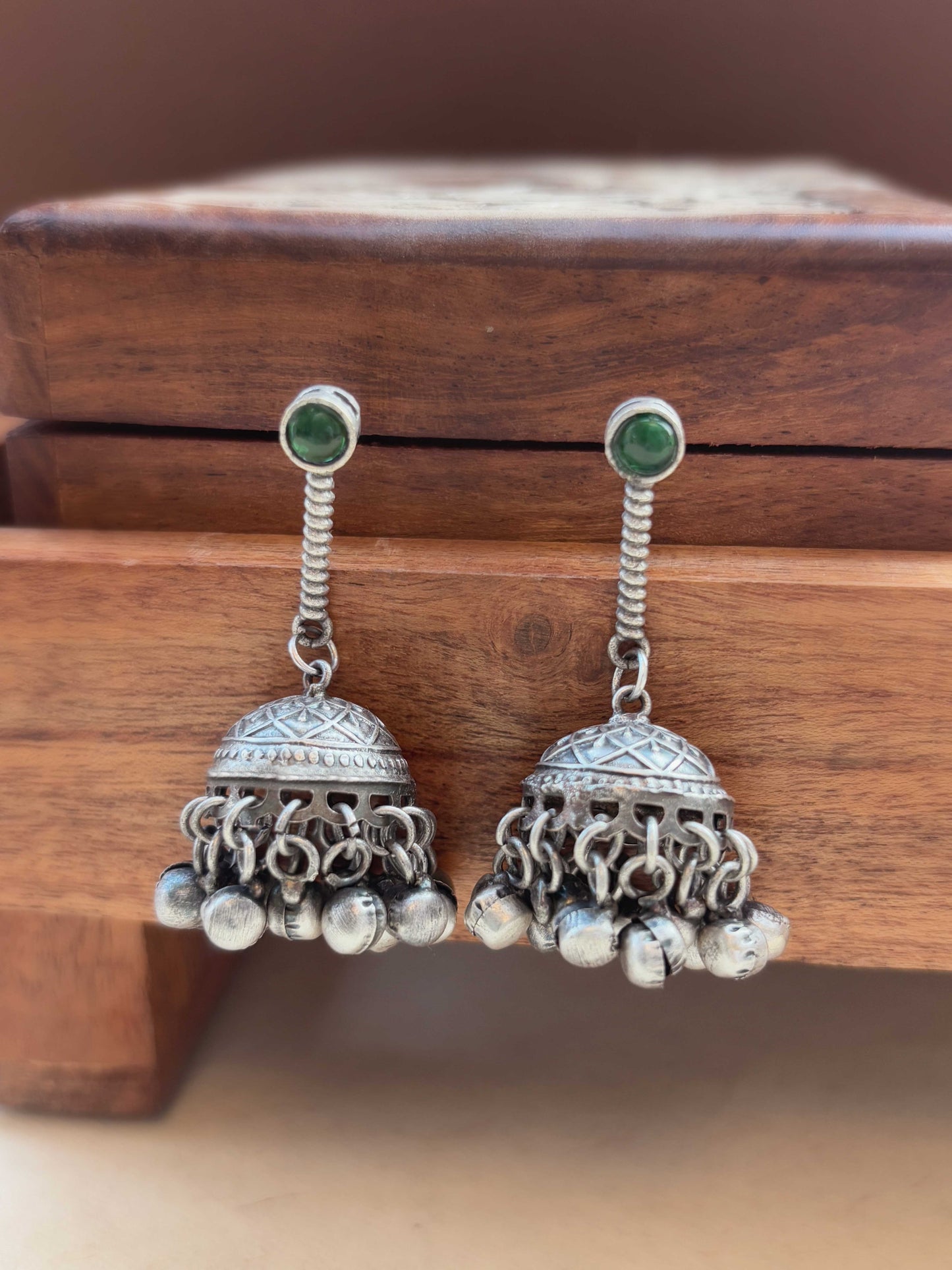 Anika Green Monalisa Stone Ghungroo Jhumki Earrings