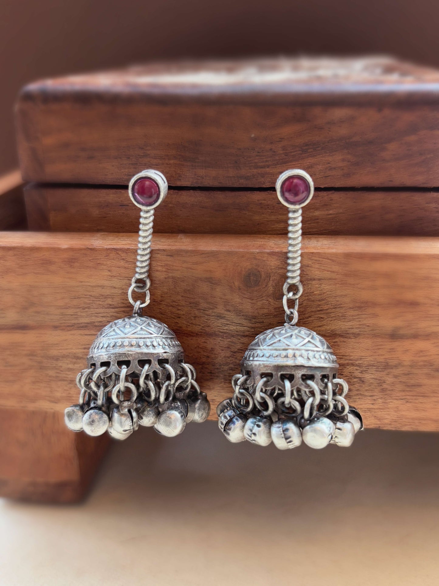 Anika Red Magenta Monalisa Stone Ghungroo Jhumki Earrings