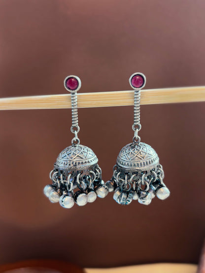 Anika Red Magenta Monalisa Stone Ghungroo Jhumki Earrings