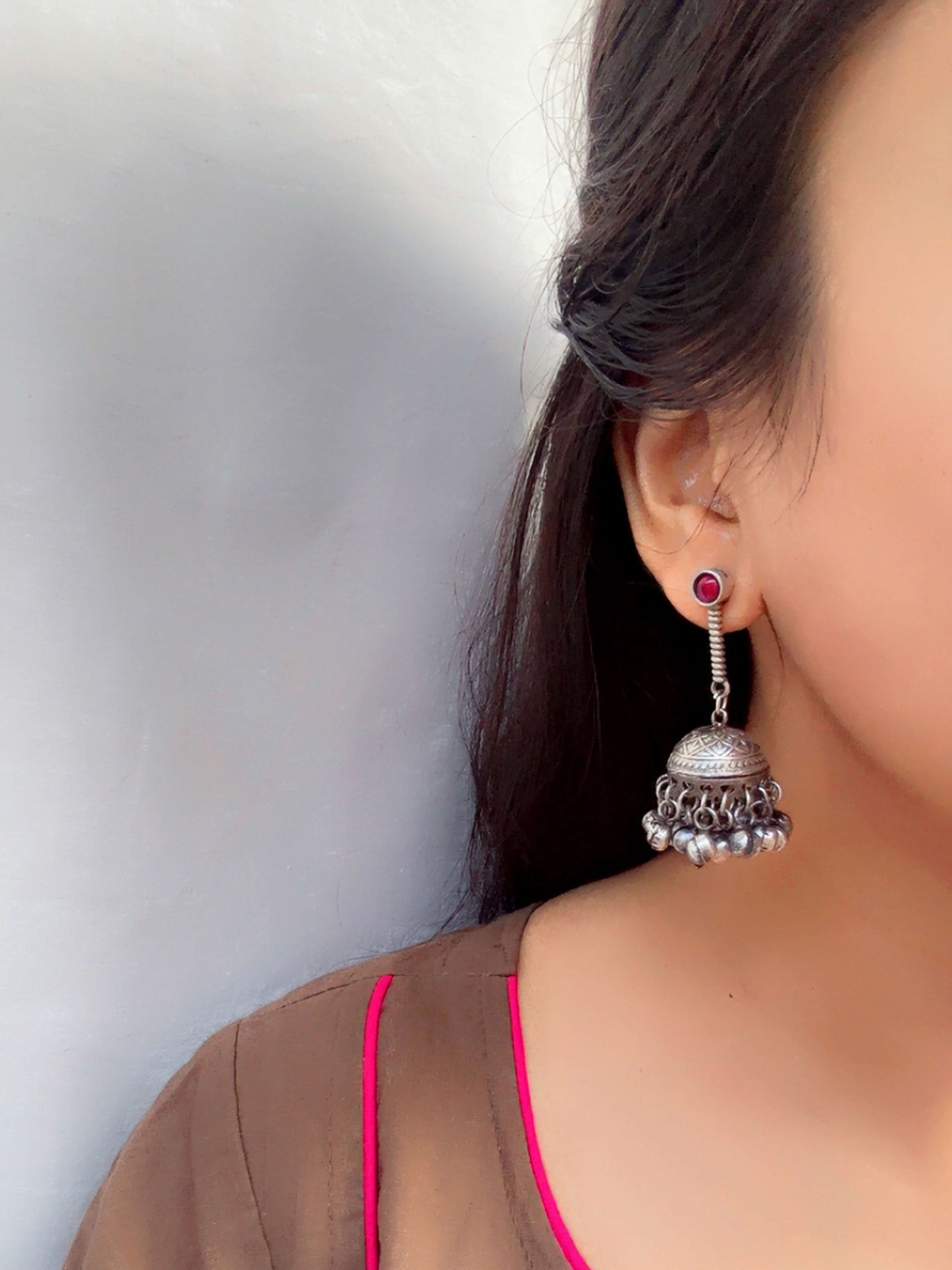 Anika Red Magenta Monalisa Stone Ghungroo Jhumki Earrings