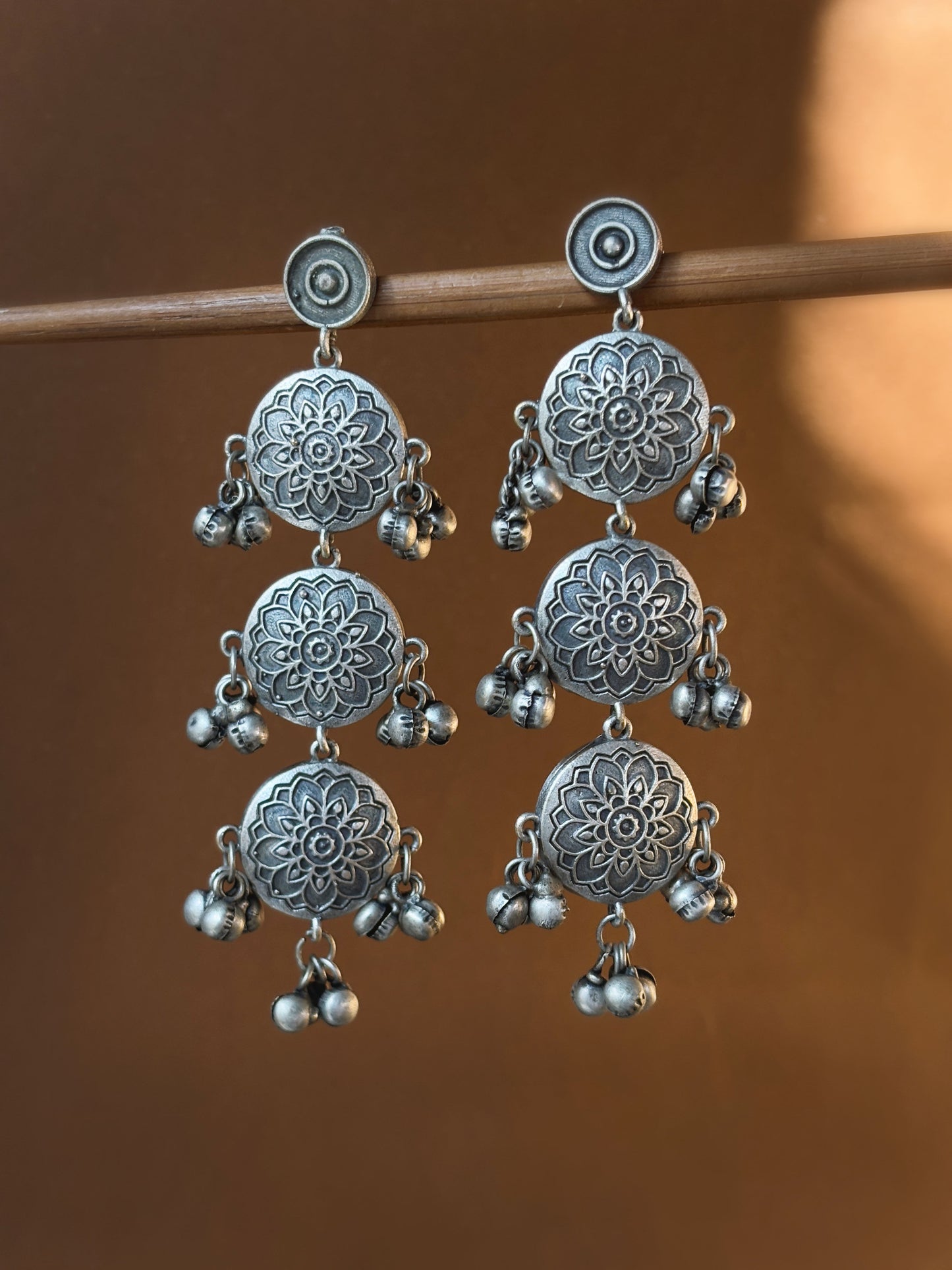 Aparna Long Three Layer Ghungroo Dangle Earrings – Oxidized Silver Replica