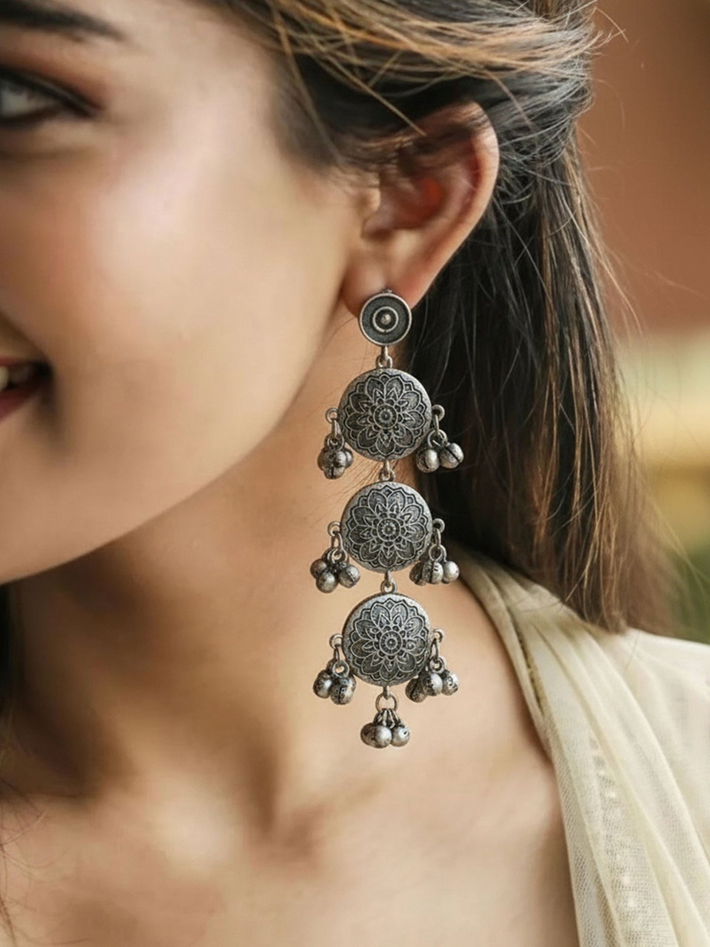 Aparna Long Three Layer Ghungroo Dangle Earrings – Oxidized Silver Replica