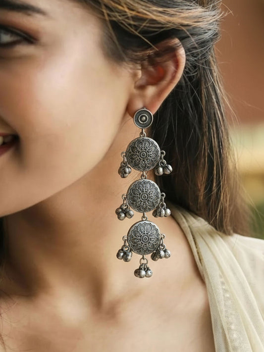 Aparna Long Three Layer Ghungroo Dangle Earrings – Oxidized Silver Replica