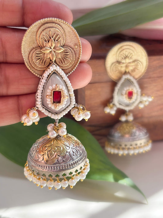 Aruja Grey & Red Monalisa Stone Dual Tone Jhumka Earrings