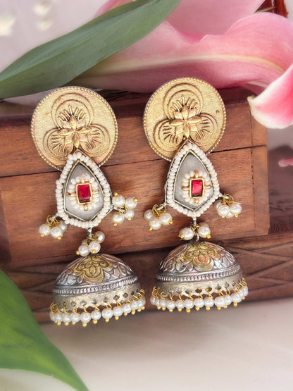 Aruja Grey & Red Monalisa Stone Dual Tone Jhumka Earrings