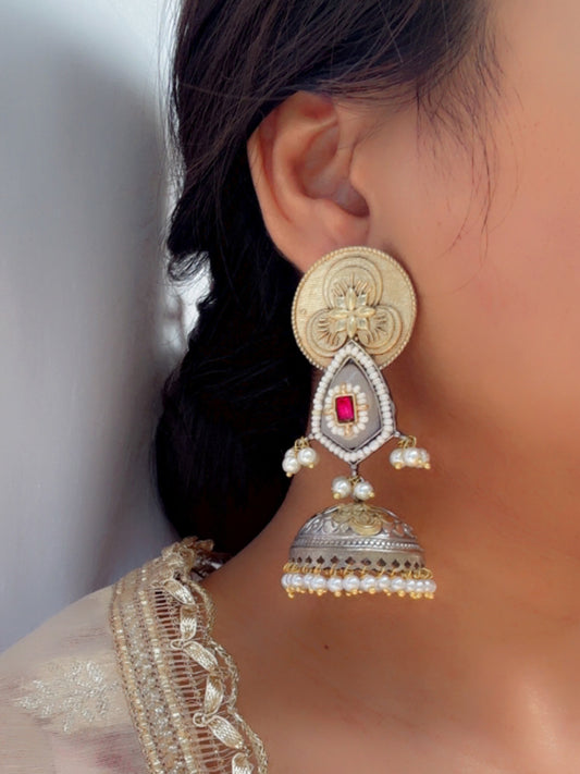 Aruja Grey & Red Monalisa Stone Dual Tone Jhumka Earrings