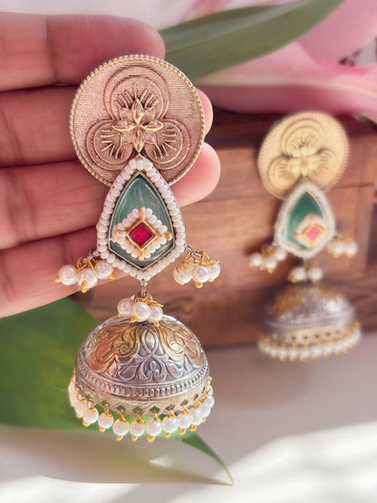 Aruja Mint Sea Green & Pink Monalisa Stone Dual Tone Jhumka Earrings