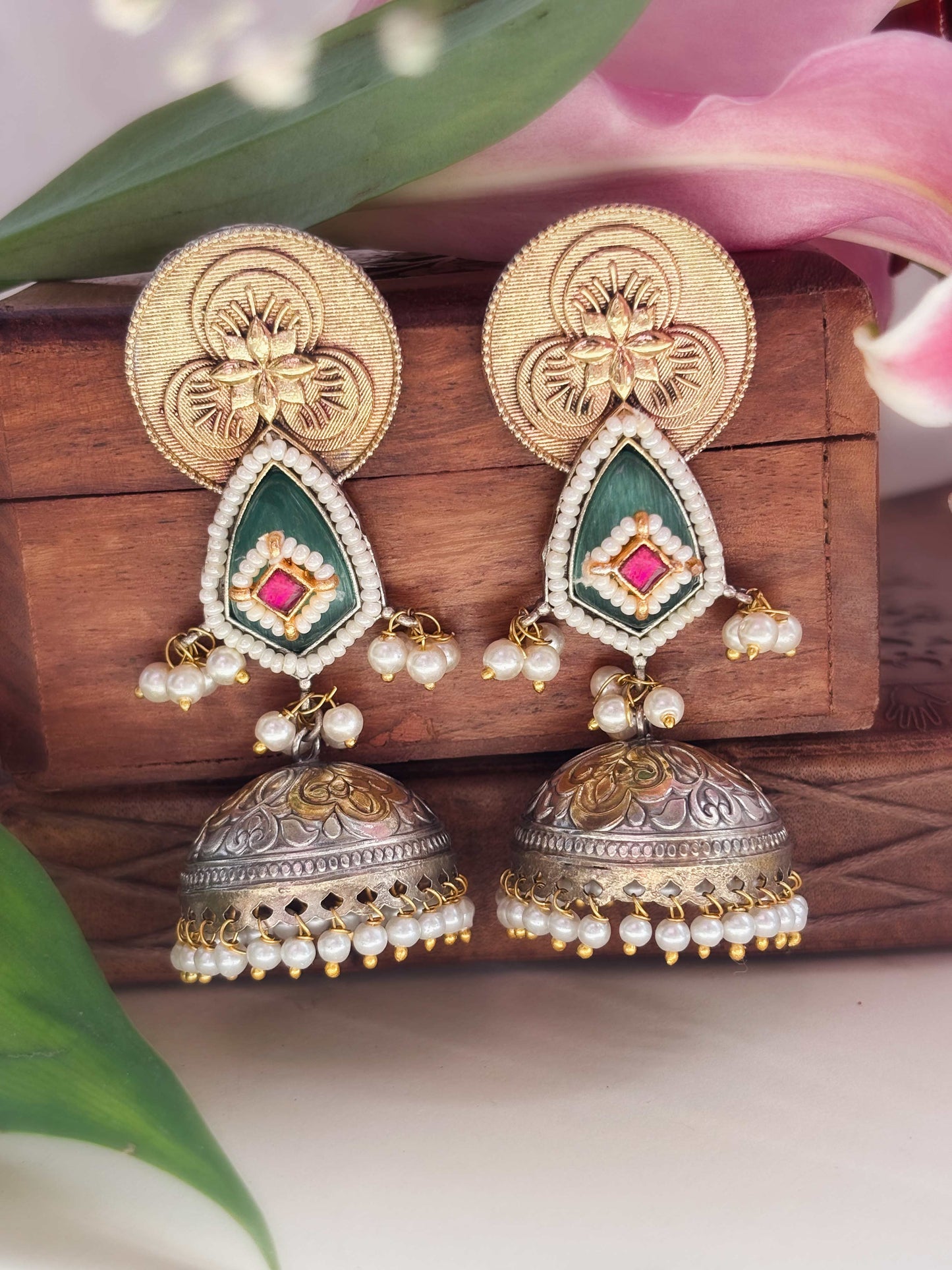Aruja Mint Sea Green & Pink Monalisa Stone Dual Tone Jhumka Earrings