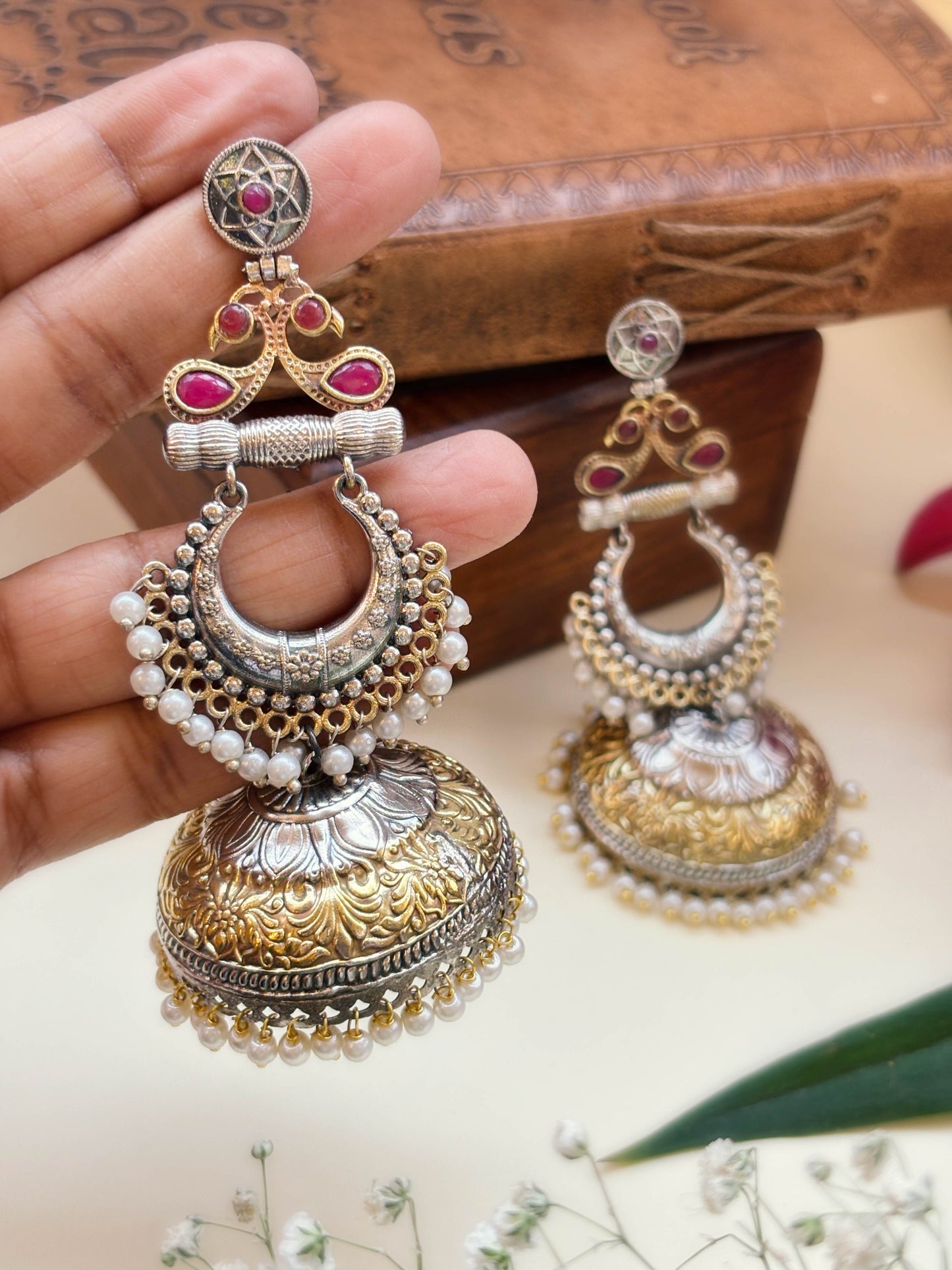 Arnika Red Monalisa Stone Dual Tone Pearl Jhumka