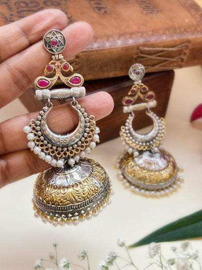 Arnika Red Monalisa Stone Dual Tone Pearl Jhumka