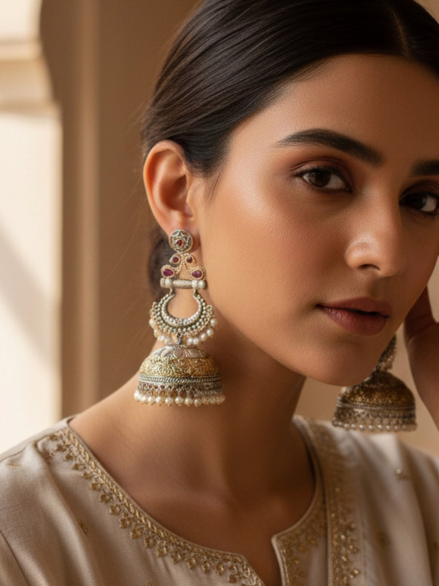 Arnika Red Monalisa Stone Dual Tone Pearl Jhumka