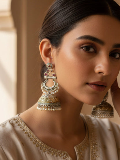 Arnika Red Monalisa Stone Dual Tone Pearl Jhumka