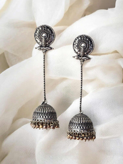 Bakul Long Silver-Golden Ghungroo Jhumka