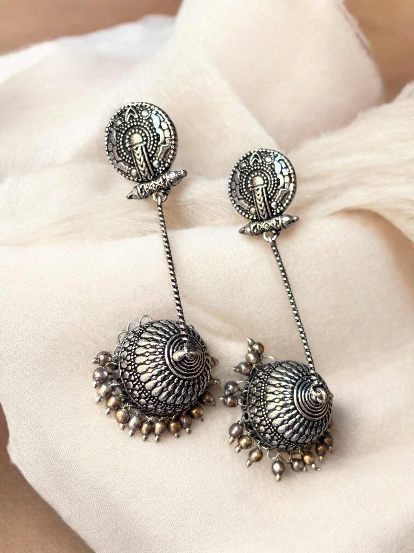 Bakul Long Silver-Golden Ghungroo Jhumka