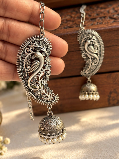 Barhini Pearl Jhumka Chain Earrings | Oxidized Silver Bird & Floral Earrings