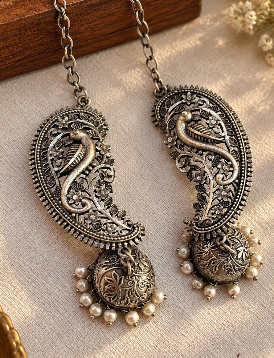 Barhini Pearl Jhumka Chain Earrings | Oxidized Silver Bird & Floral Earrings