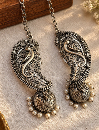 Barhini Pearl Jhumka Chain Earrings | Oxidized Silver Bird & Floral Earrings