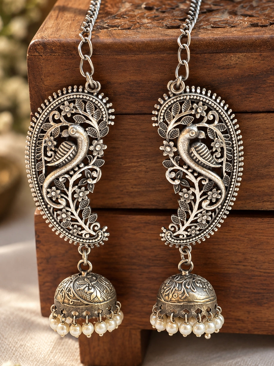 Barhini Pearl Jhumka Chain Earrings | Oxidized Silver Bird & Floral Earrings