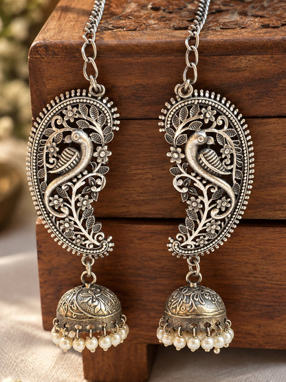 Barhini Pearl Jhumka Chain Earrings | Oxidized Silver Bird & Floral Earrings