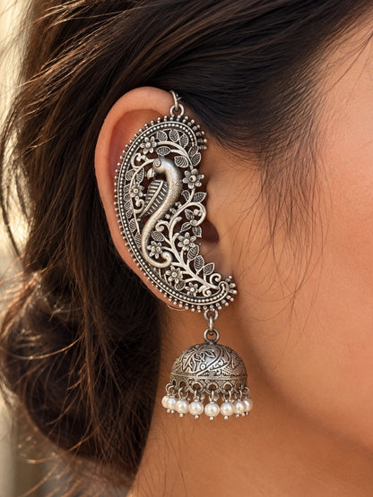 Barhini Pearl Jhumka Chain Earrings | Oxidized Silver Bird & Floral Earrings