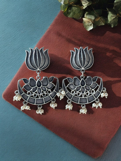 Bisini Lotus Oxidized Silver Dangle Earrings