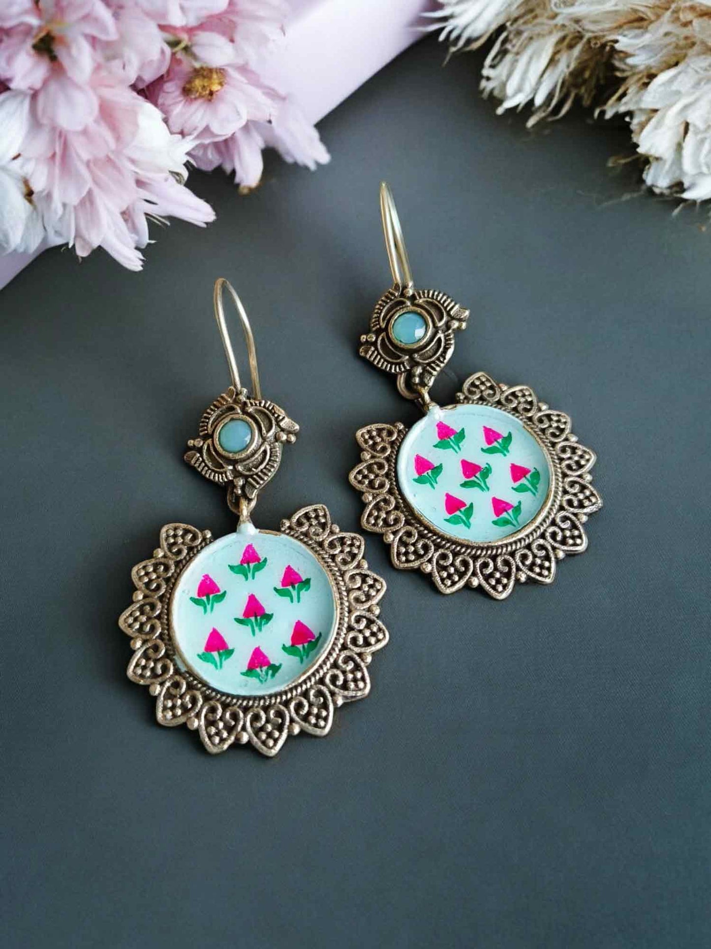 Blue Pearl Meenakari Hand painted Hook Earrings