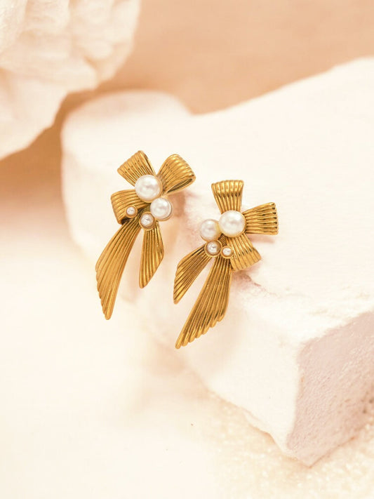 Bow Pearl Anti Tarnish Stud Earrings