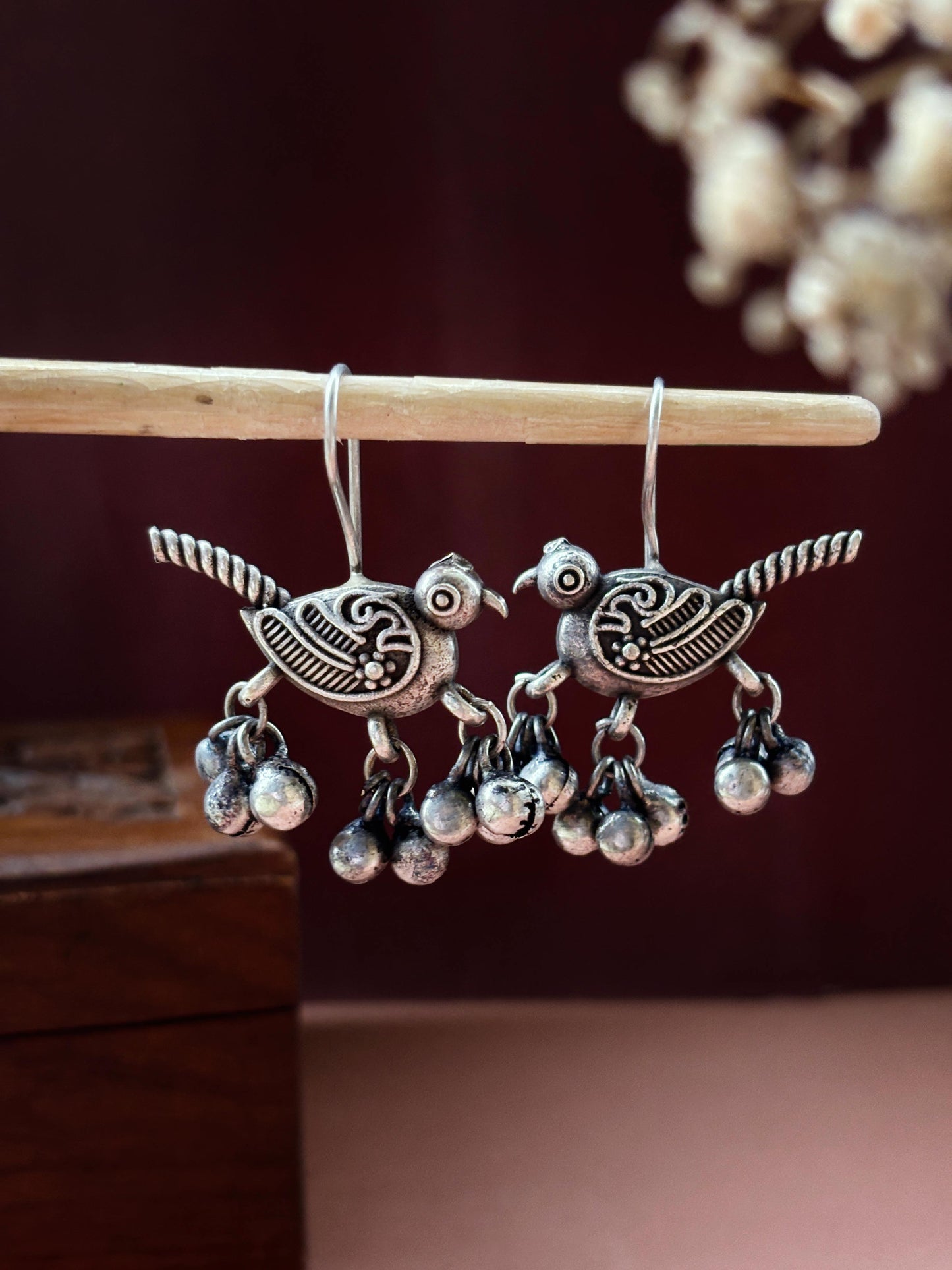 Chakor Ghungroo – Oxidized Boho Bird Hook Earrings