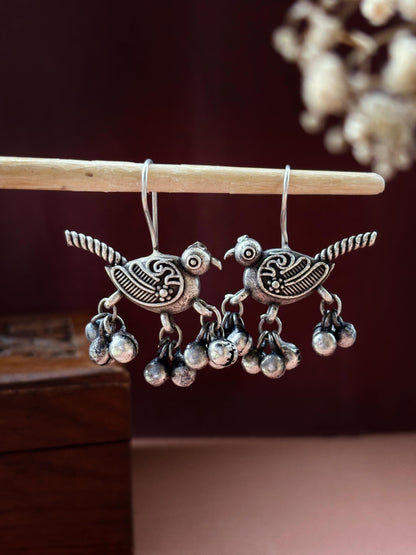 Chakor Ghungroo – Oxidized Boho Bird Hook Earrings