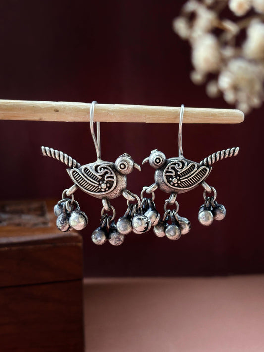 Chakor Ghungroo – Oxidized Boho Bird Hook Earrings