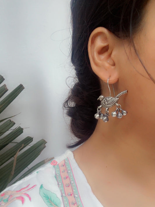 Chakor Ghungroo – Oxidized Boho Bird Hook Earrings
