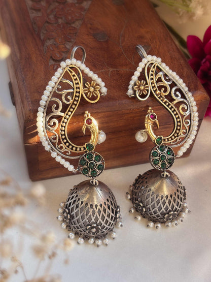 Chakori Green Red Monalisa Stone Pearl Dual Tone Jhumka Earcuff